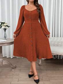 SHEIN Franclia Kích thước lớn Màu thuần Dệt kim gân sọc Đầm - trái cam - Xem 3