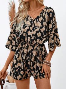 SHEIN LUNE Women's V-Neck Batwing Sleeve Backless Tie Bow Casual Vintage Printed Romper For Holiday - Multicolor - View 6