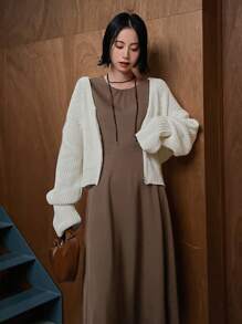 FRIFUL 純色長袖連身裙 - 棕色 - 查看 10