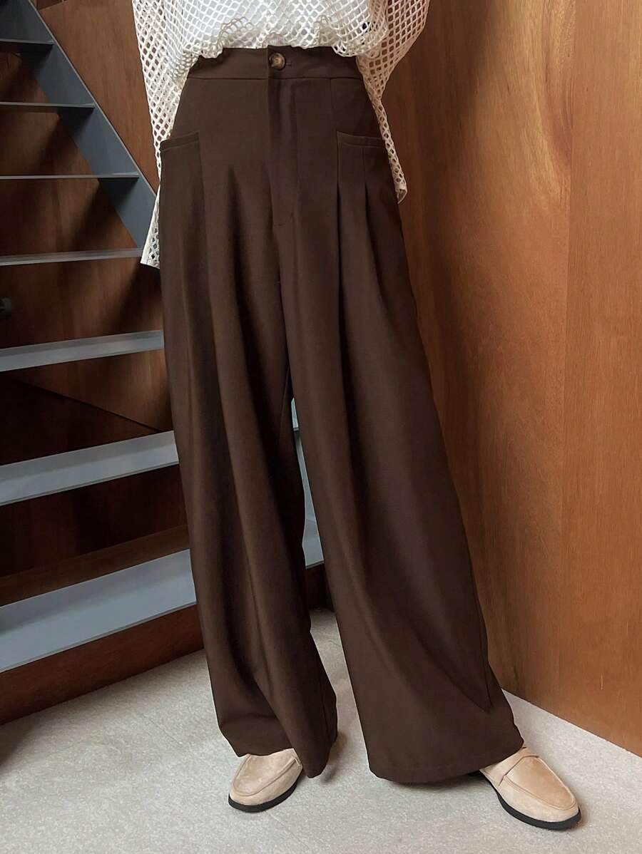 FRIFUL Women'S Loose Wide Leg Pants With Two Pockets - Brown - View 1