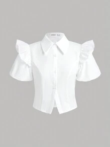 SHEIN Camisa Tecida De Manga Curta De Cor Sólida Para Adolescentes Com Detalhe De Bainha Com Babados