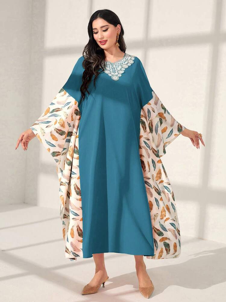 Women's Loose Turkish Style Long Shirt With Feather Print Kaftan Jalabiya Dress