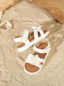 夏季新女孩韓式公主花朵涼鞋防滑軟底幼兒健走鞋平跟 - 白色 - 查看 3