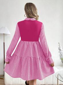 SHEIN Maternity Plaid Patchwork Dress - Pink - View 2