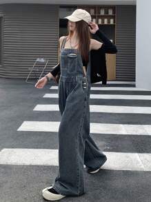 DAZY 女用休閒牛仔背帶褲 - 中等水洗藍 - 查看 1