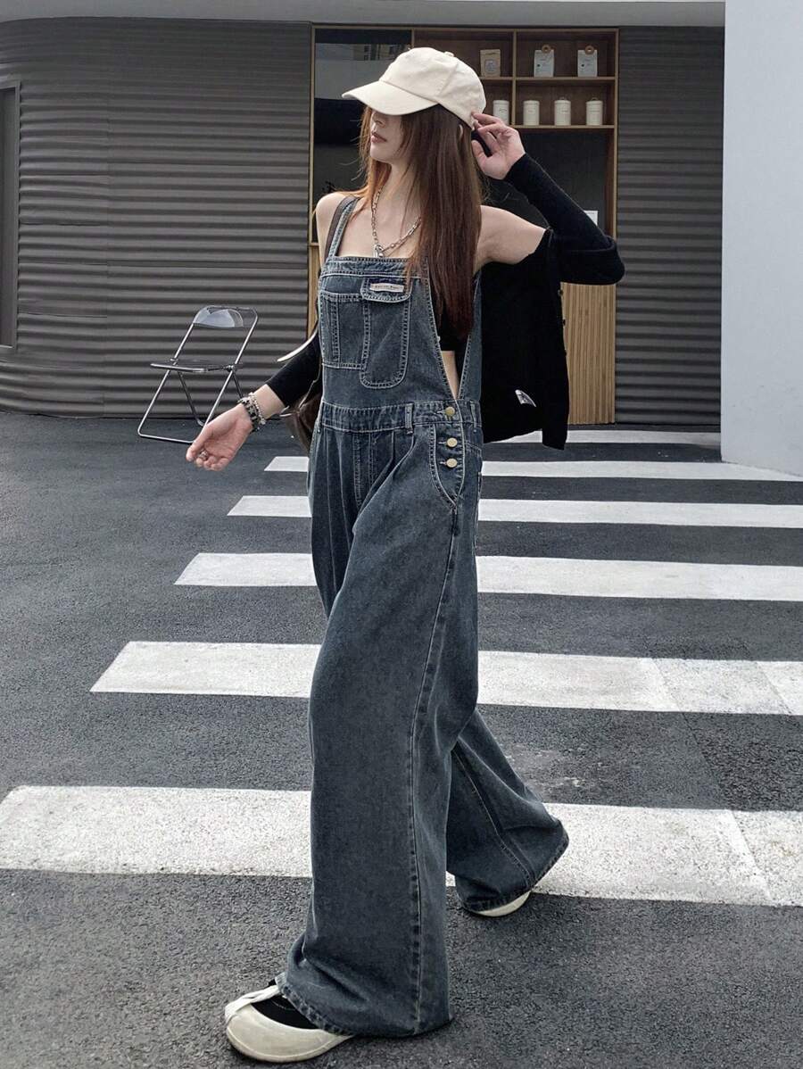 DAZY 女用休閒牛仔背帶褲 - 中等水洗藍 - 查看 1