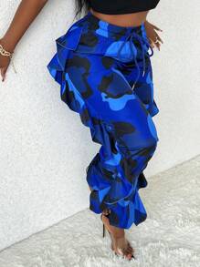 Slaydiva 女士迷彩印花高腰束腰長褲,配以褶邊設計 - 寶藍色 - 查看 3