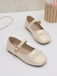 女童/中大童婚禮舞臺珍珠嵌花公主珍平底鞋 - 杏色 - 查看 3