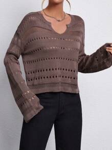 Chiquease Jersey De Punto De Color Liso Para Mujer Con Diseño Calado Y Escote Con Muescas