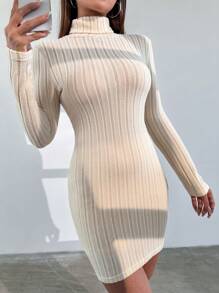 SHEIN PETITE 高領長袖連衣裙 - 杏色 - 查看 1