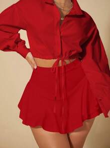 SHEIN SXY Solid Color Ruffle Hem Skort - Red - View 5