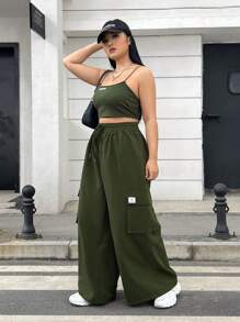 SHEIN EZwear 女性加大碼綠色針織背心和公用廣腿褲二件套裝 - 軍綠色 - 查看 4