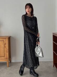 FRIFUL Black Lace Long Maxi Dress - Black - View 1