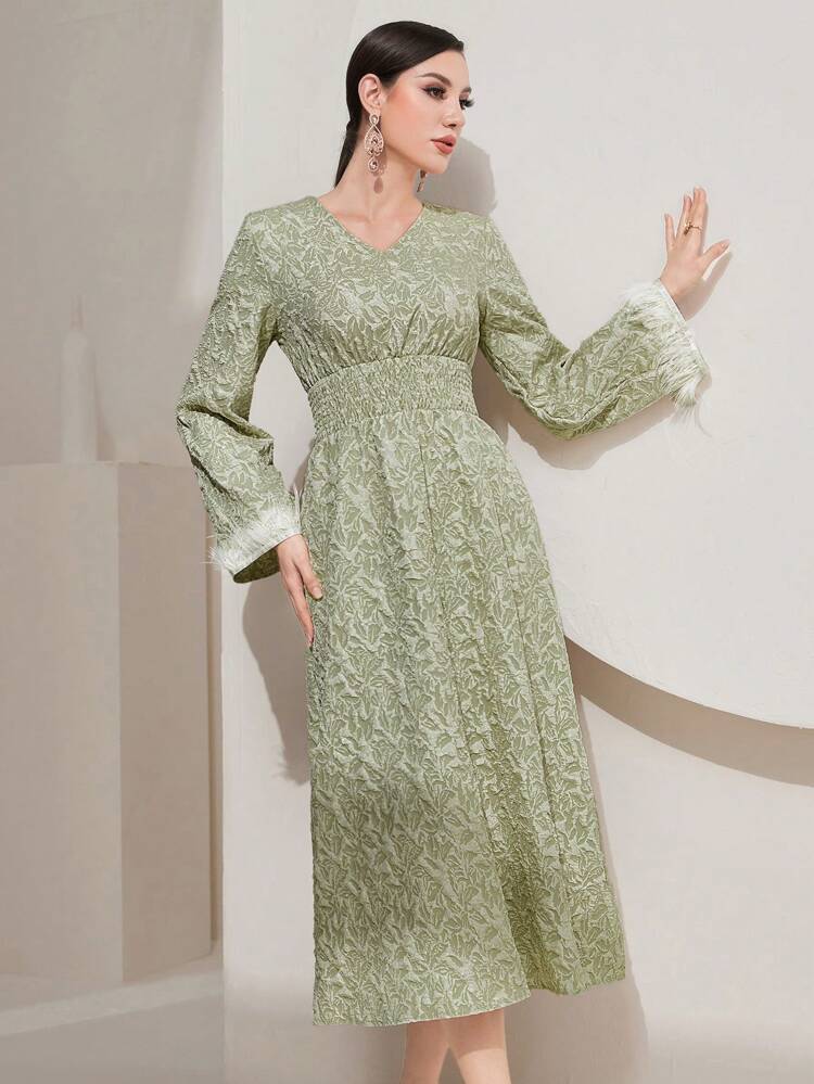 Women'S Jacquard Knitted Dress With Furry Cuffs Long Evening Dresses Fall Cloth For Women