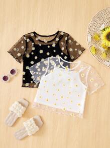 4pcs/Set Tween Girls' Round Neck Flower Pattern Mesh T-Shirt With Inner Camisole Tank Top
