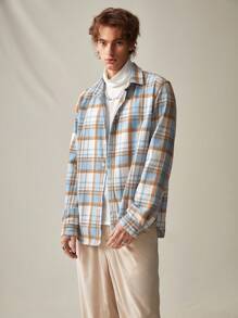 Manfinity RebelGame 男士寬鬆編織休閒格紋印花襯衫 - 藍白色 - 查看 5