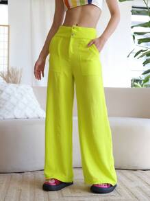 SHEIN 實色寬腿褲 - 青檸色 - 查看 5