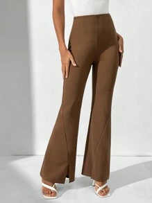 SHEIN Tall Women'S Solid Color Flare Pants - Brown - View 4