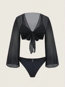 SHEIN Swim Ladies' Solid Color Bikini Set Summer - Black - View 2