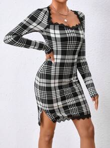 SHEIN Privé Vestido De Cuerpo Entallado De Encaje Y Cuadros Para Mujeres - Blanco y Negro - Ver 4