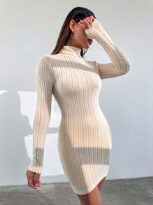 SHEIN PETITE 高領長袖連衣裙 - 杏色 - 查看 4