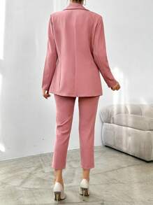 EURMUSE Women's Solid Color Metal Double-Breasted Long Sleeve Blazer And Pants Casual Suit Set - Baby Pink - View 2