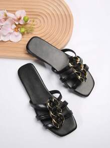 女性時尚休閒條紋平底涼鞋,金色扭轉鎖設計＆舒適行走設計,適用於家居和日常穿著 - 黑色 - 查看 1