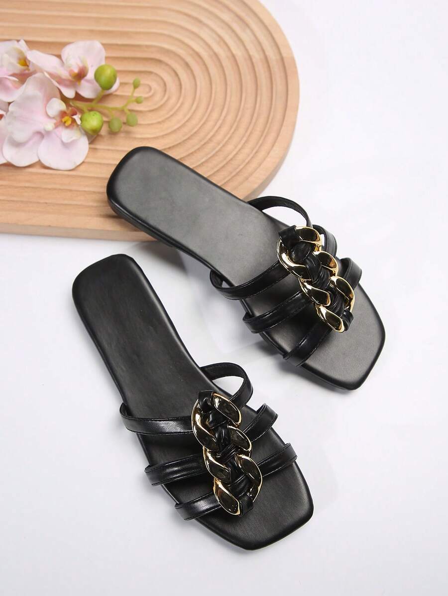 女性時尚休閒條紋平底涼鞋,金色扭轉鎖設計＆舒適行走設計,適用於家居和日常穿著 - 黑色 - 查看 1