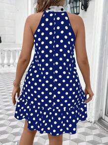 Celure In vết tròn Polka Kích thước lớn Váy có thắt lưng Với Vòng cổ Và Cà vạt - Màu xanh lam - Xem 2