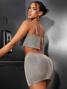 SHEIN BAE Metallic Color Sparkling Crop Top & Bodycon Mini Skirt Set - Khaki - View 2