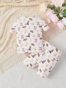 SHEIN 寶寶女孩保暖貼身可愛短袖連身衣套裝,有趣圖案,適合居家穿著 - 彩色 - 查看 2