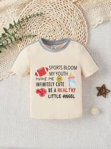 SHEIN Unisex Baby Color Block Rugby & Letter Print Short Sleeve T-Shirt - Apricot - View 1