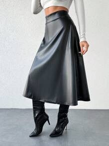 EURMUSE 女士假皮革裙子,附有口袋 - 黑色 - 查看 5