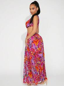 SHEIN SXY 女款深v領植物圖案印花鏤空腰高開衩洋裝