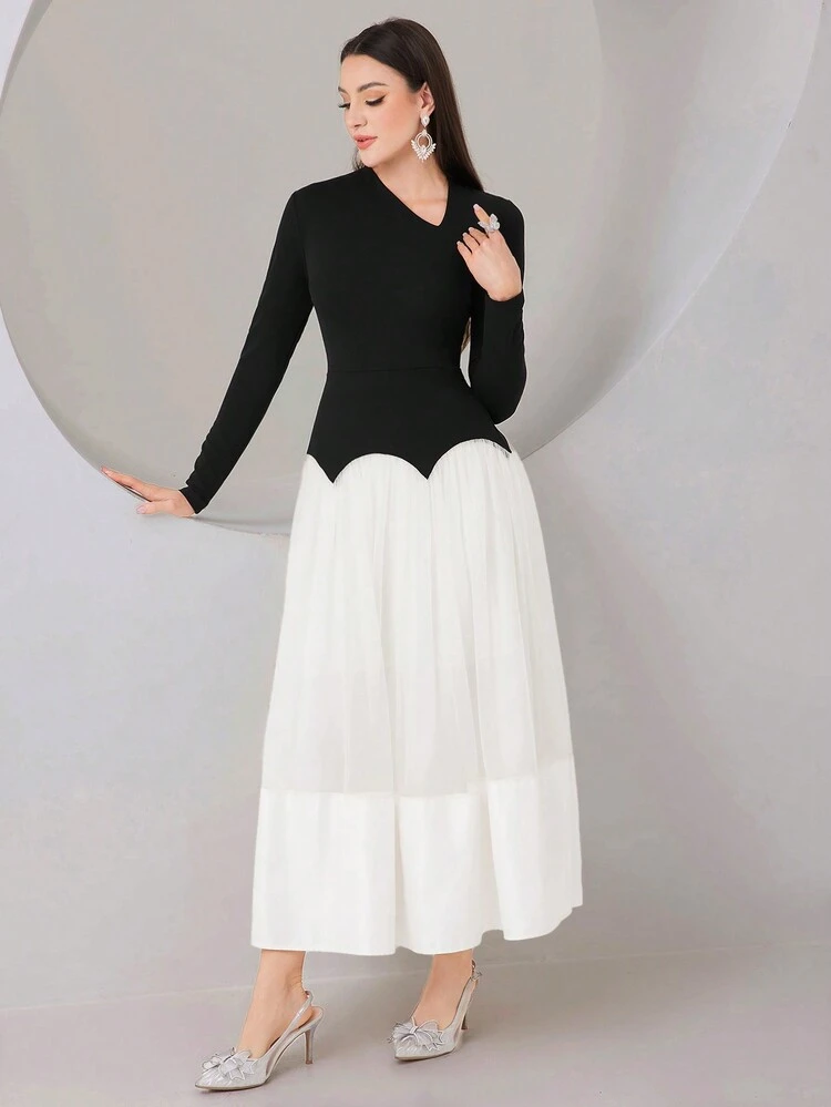 Women'S Long Sleeve Color Block Dress (Without Waist Chain) Long Evening Dresses