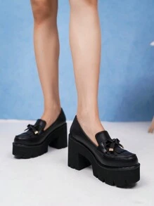 Zapatos de plataforma con tacón de cuña gruesa para mujer con lazo, impermeables, punta redonda y tacón ancho en color negro