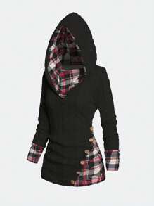 EMERY ROSE Sudadera con capucha de manga larga con parches a cuadros para mujer, Top de manga larga