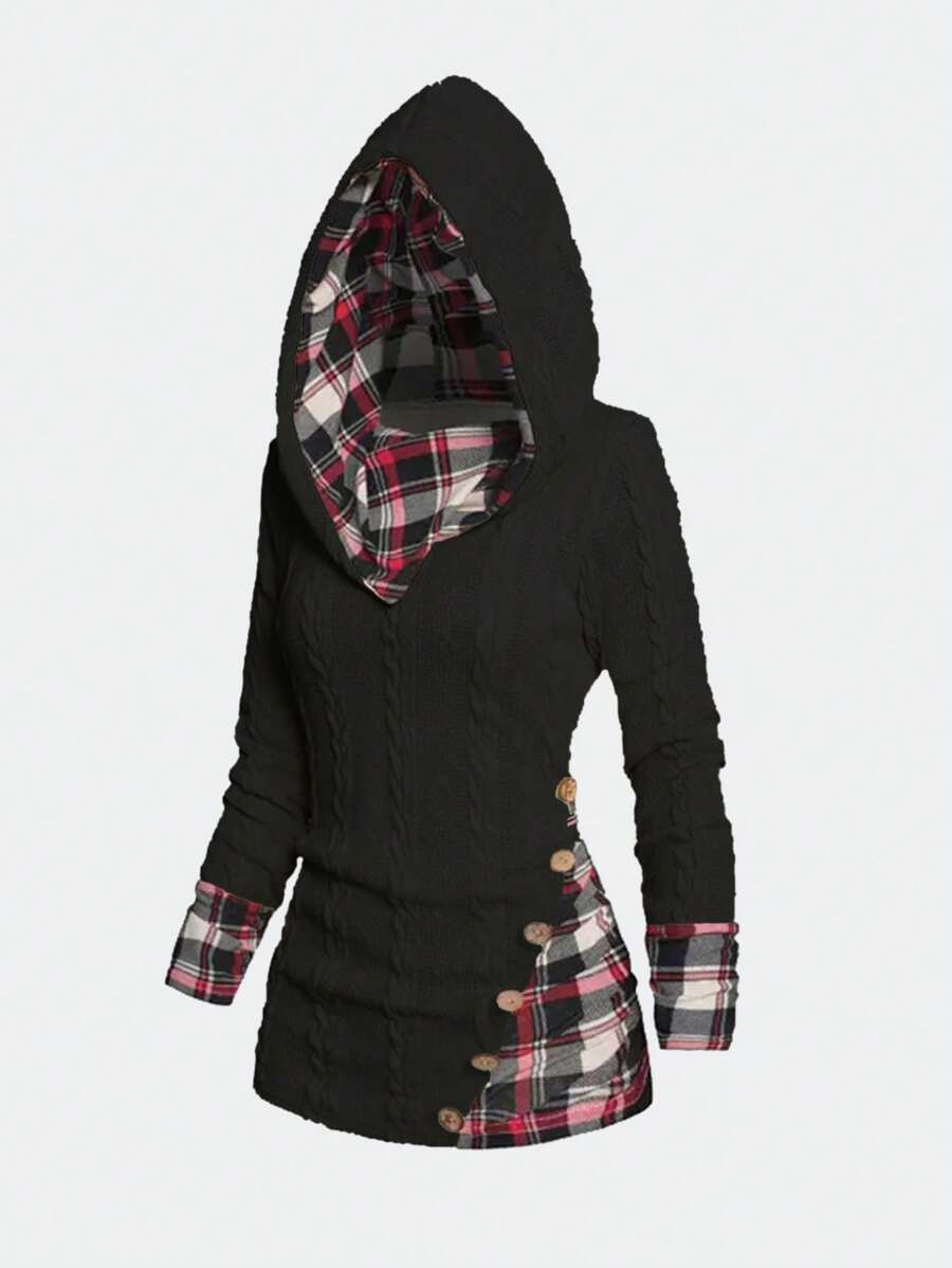 EMERY ROSE Women's Plaid Patchwork Long Sleeve Hoodie,Long Sleeve Tops Graduation,Back To School Outfits,Graduation,Teacher Outfits For Women,Back To School Pullover Fall Outfit