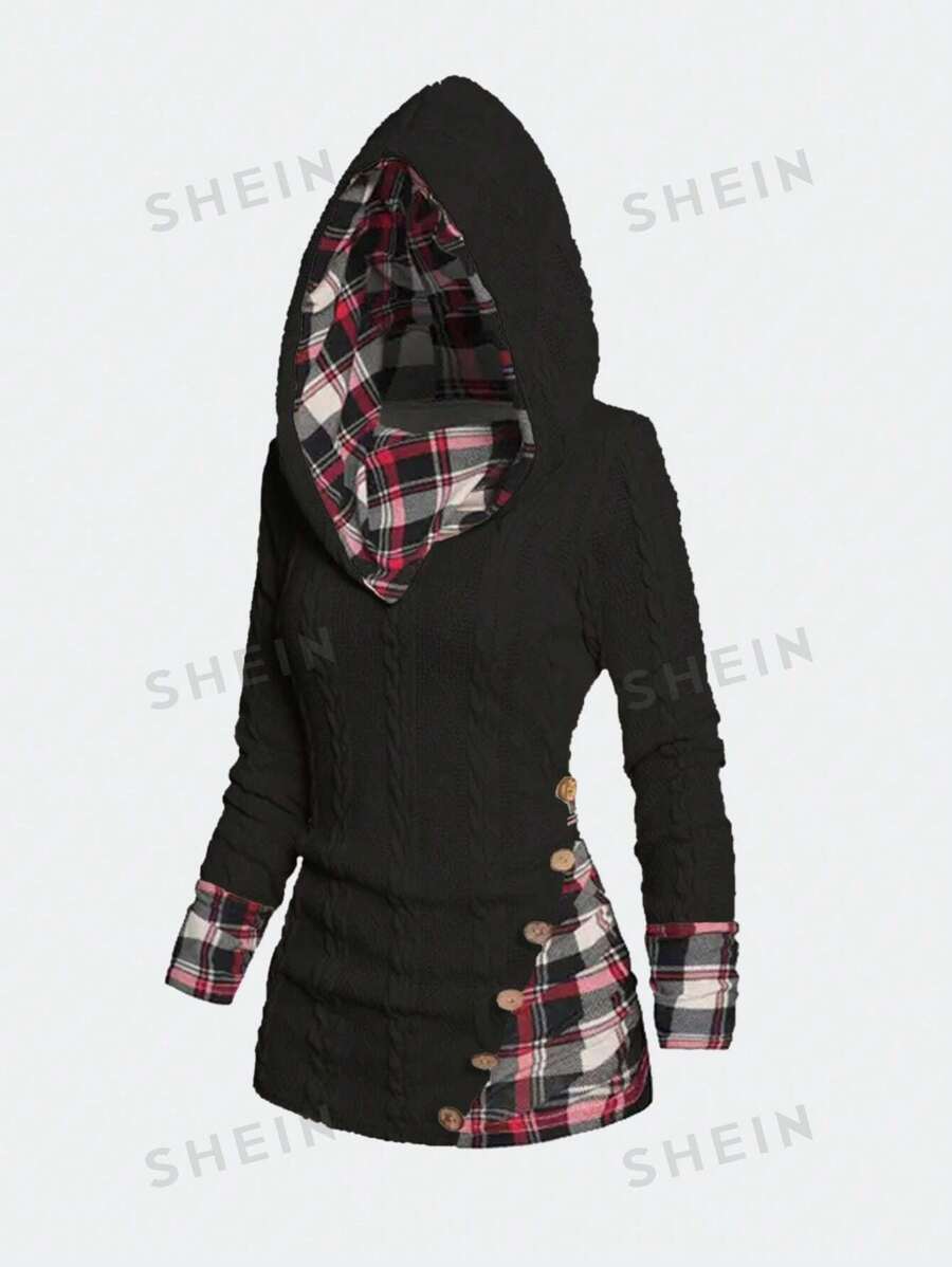 EMERY ROSE Sudadera con capucha de manga larga con parches a cuadros para mujer, Top de manga larga