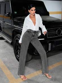 EURMUSE Women's Water Washed Straight Leg Jeans - Grey - View 5