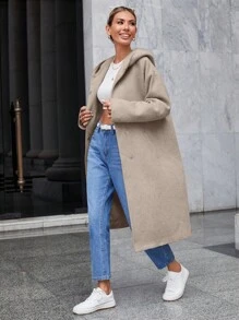 RueChic Drop Shoulder Hooded Overcoat - Beige - View 4