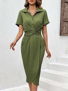 SHEIN Privé 女式十字交叉細節短袖襯衫連衣裙 - 軍綠色 - 查看 5