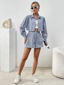 SHEIN Essnce 女性條紋襯衫+短褲兩件套,商務裝