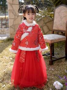 Toddler Girls' Plush Patchwork Buckle Closure Top And Mesh Skirt Hanfu Style - Red - View 3
