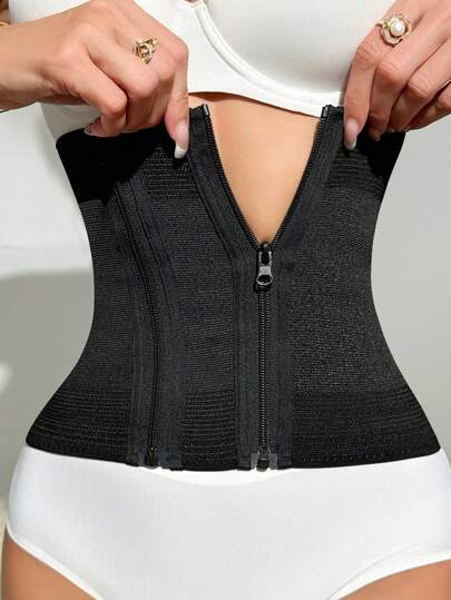 Women's Black High Stretch Fabric Casual-Sporty Waist Trainer With Zipper Front Detail