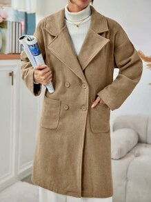 EURMUSE Women's Notched Collar Double Breasted Overcoat - Camel - View 3