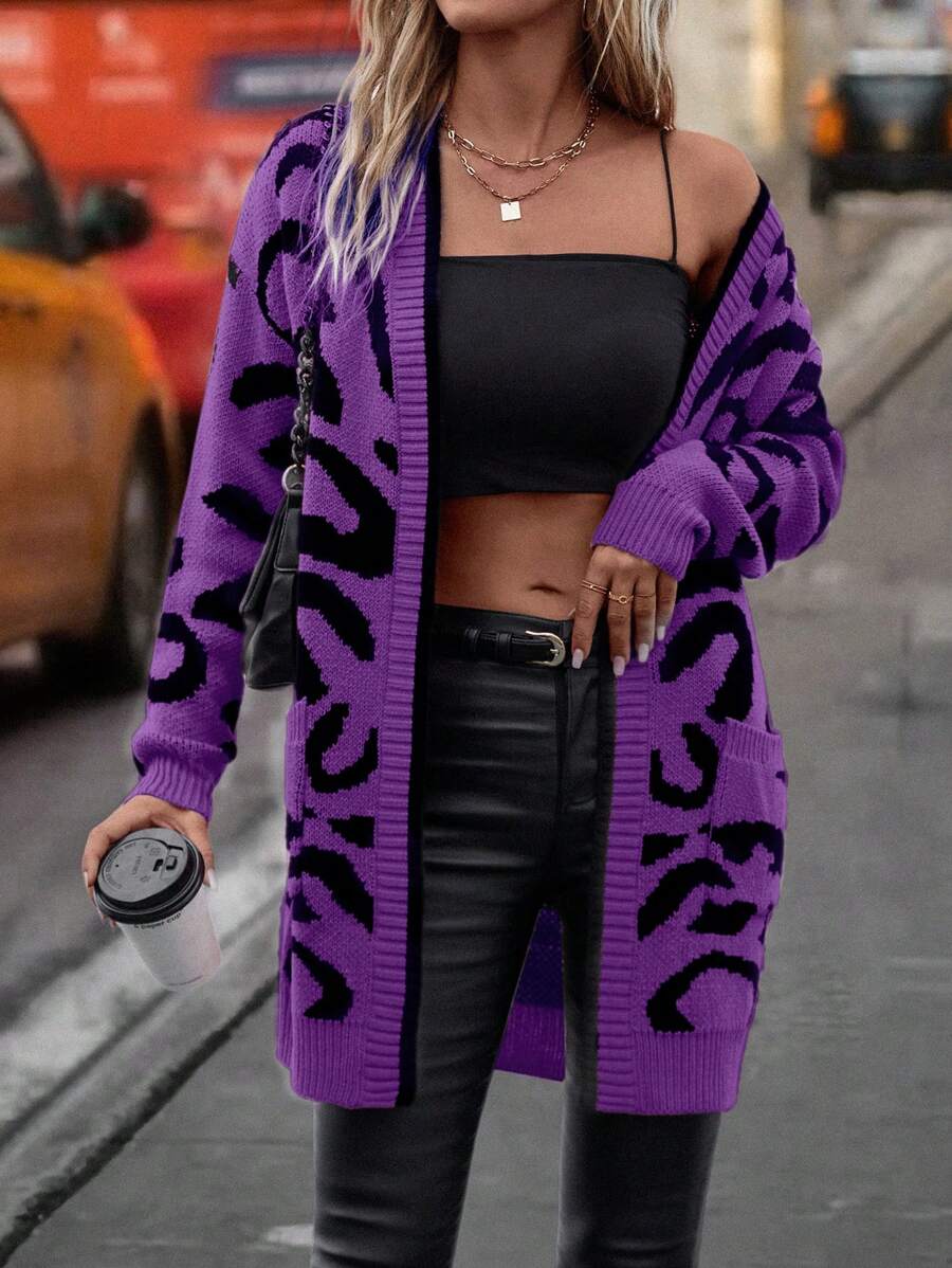 SHEIN LUNE 女式豹纹落肩长袖开衫 - 彩色 - 查看 1