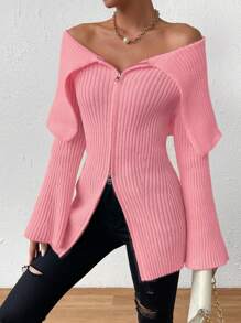 Chiquease 無肩摺疊拉鍊針織外套 - 淺粉色 - 查看 3