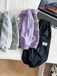 Boy's Casual Slogan Print Crew Neck Long Sleeve Sweatshirt - Violet Purple - View 4