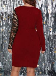 SHEIN Clasi Plus Size Contrast Color Lace Panel Bodycon Dress - Burgundy - View 2